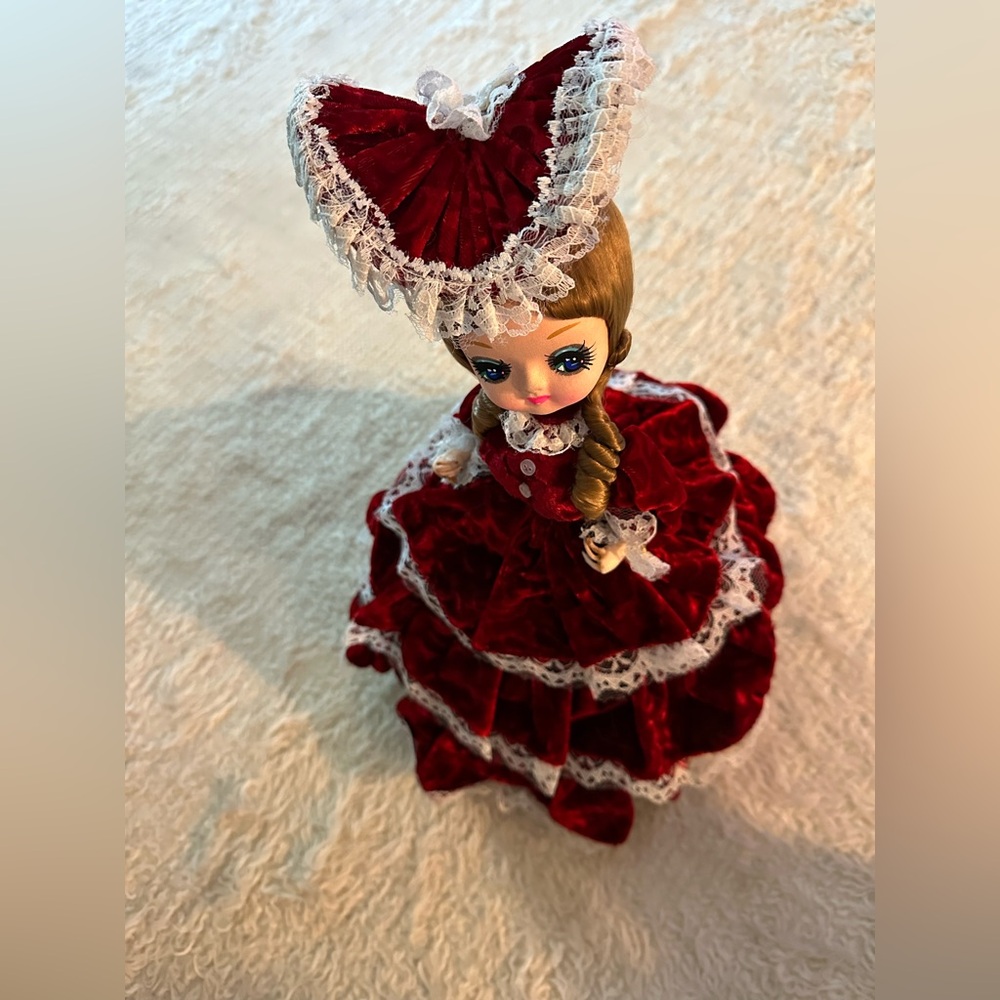 Vintage Bradley Doll 1977 Red Velvet Dress with Lace detail and Bonnet